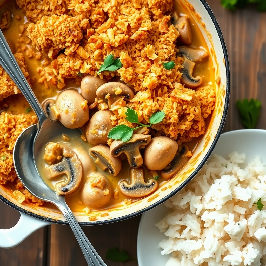 A creamy chicken and mushroom casserole topped with breadcrumbs and cheese, garnished with parsley, served with rice.